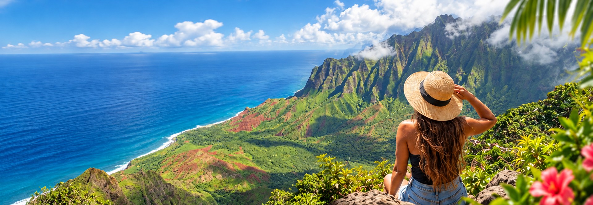Woman overlooking the ocean and green coastal mountains of Hawaii