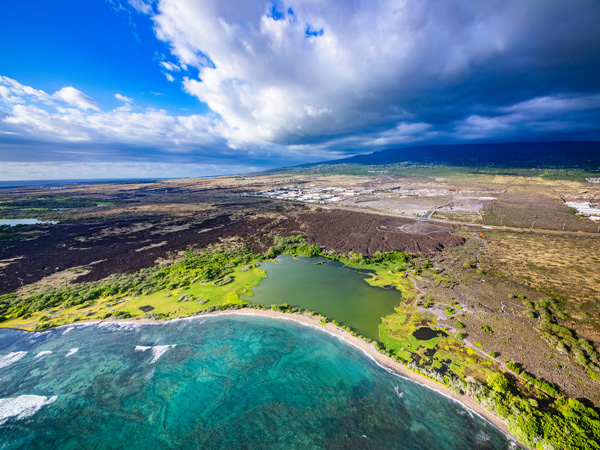 Kaloko fishponds from the air on the Big Island, coastal wetlands and shoreline