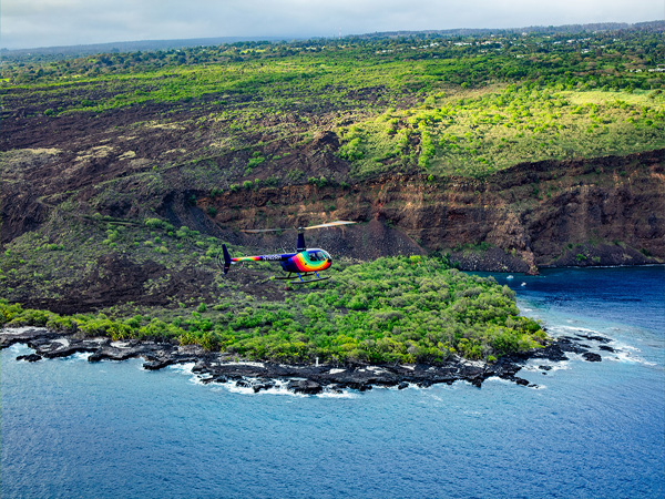 Kealakekua Bay aerial view on the Big Island, turquoise water and curved shoreline