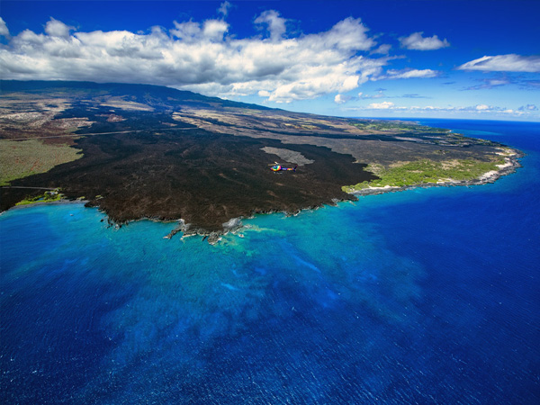 Kiholo Bay from above on the Big Island, lava shoreline and clear blue water