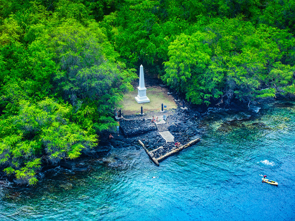 Kealakekua Bay aerial view off Kona on the Big Island, turquoise water and reef