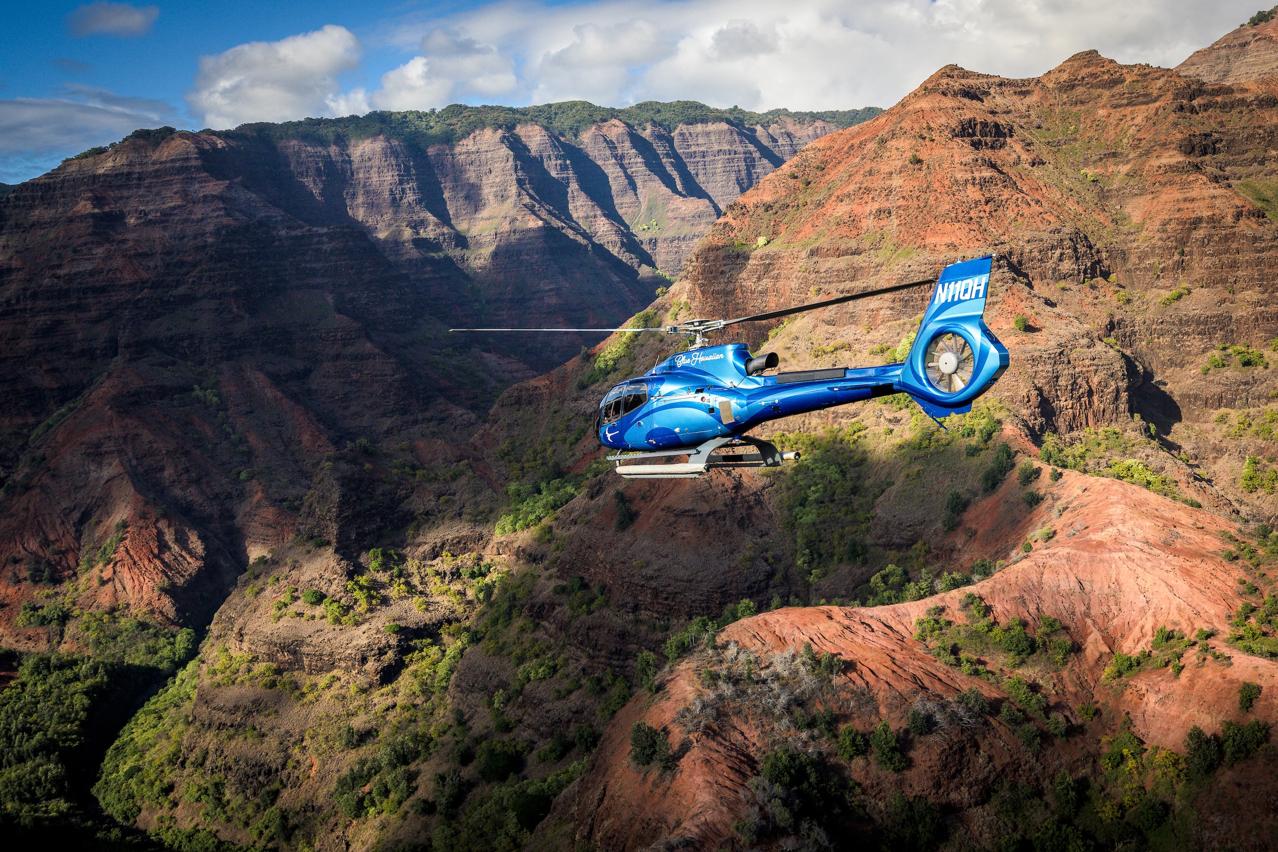 Discover Kauai helicopter tour with Blue Hawaiian offering aerial views of Na Pali Coast, canyons, and waterfalls