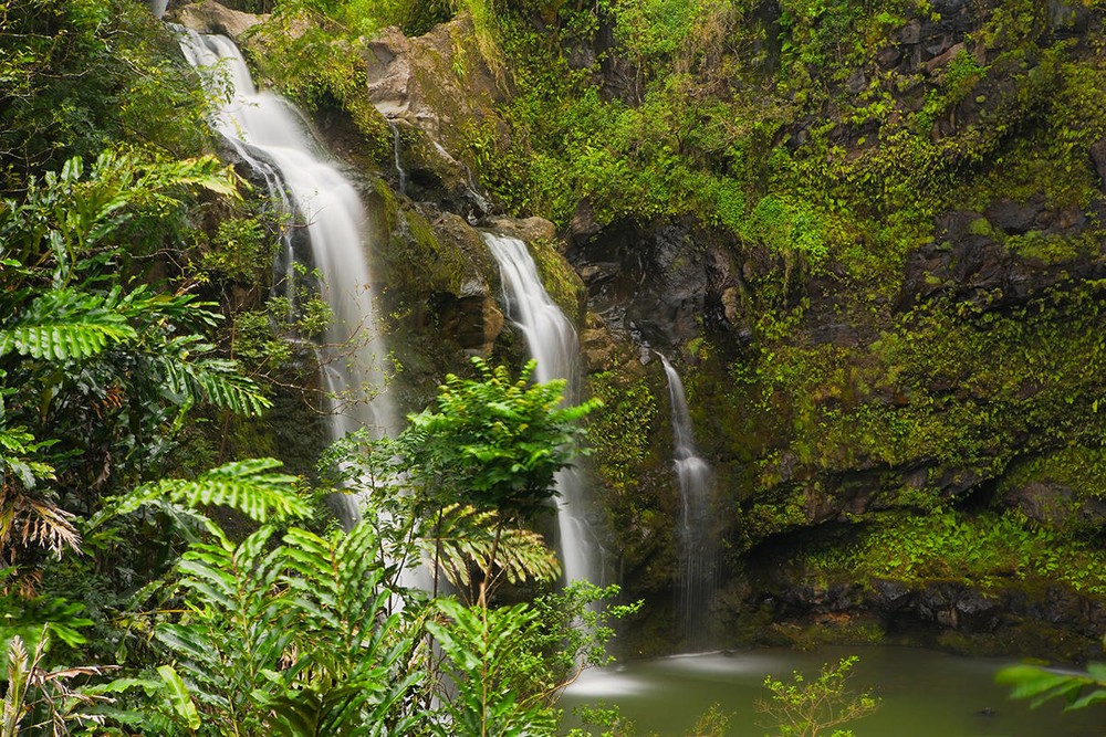 Maui waterfall stop on the Heavenly Hana Tour showcasing cascading falls surrounded by lush tropical greenery