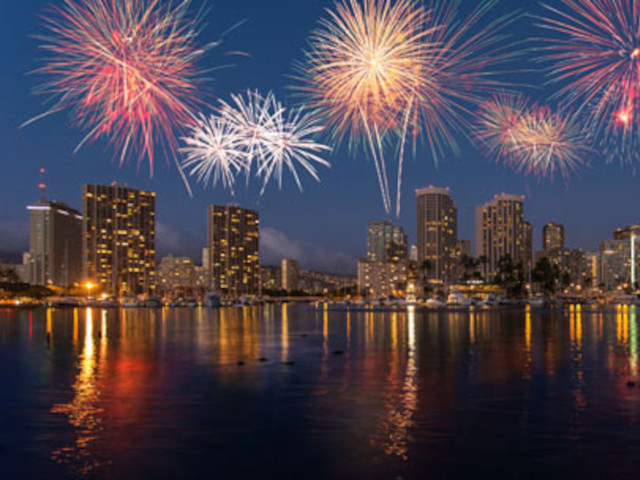Waikiki cruise and fireworks overhead
