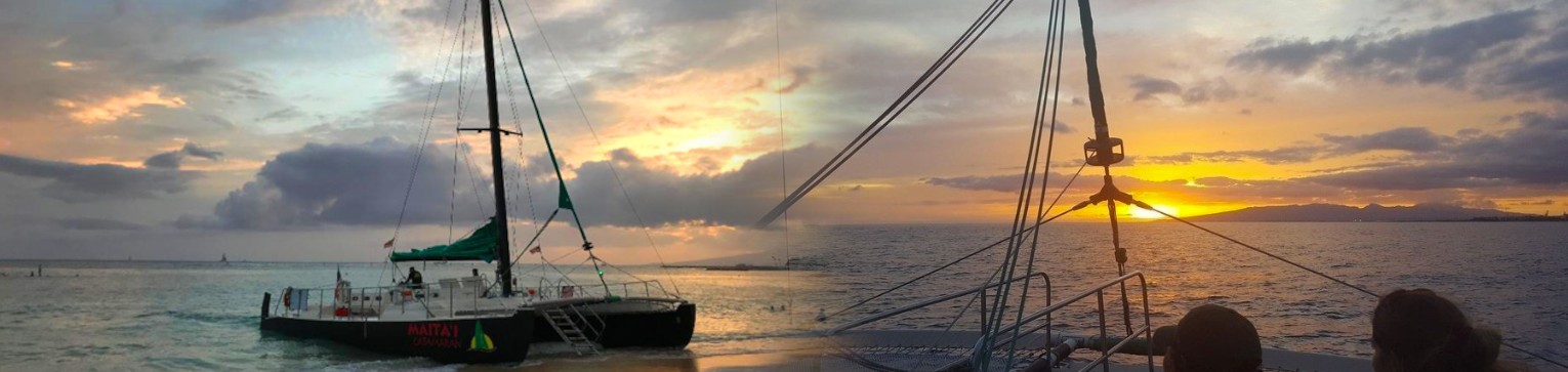Waikiki coastline views, warm sunset colors, and mai tai vibes onboard