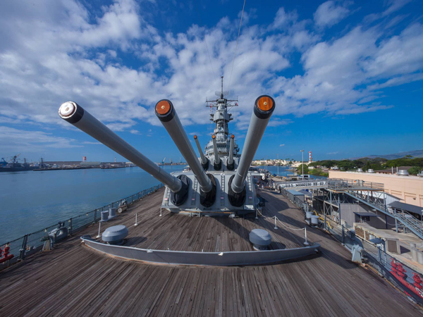 Battleship Missouri deck cannons at Pearl Harbor on Oahu, historic attraction