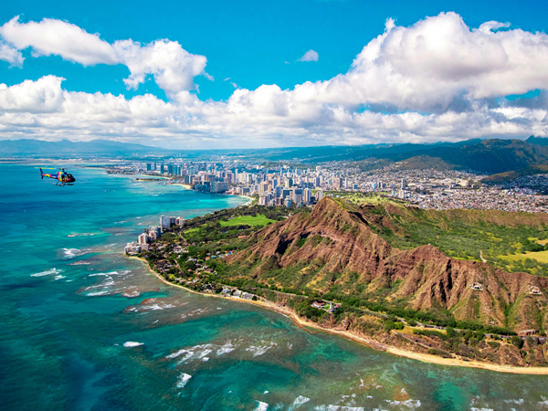 Aerial view of Diamond Head crater during a Rainbow Helicopters flight over Waikiki and southern Oahu