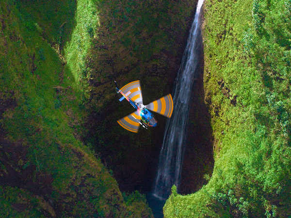 Sacred Falls waterfall viewed from the air, highlighting one of Oahu’s most dramatic natural landmarks