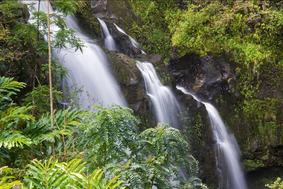 Cascading falls in a tropical Road to Hana rainforest setting